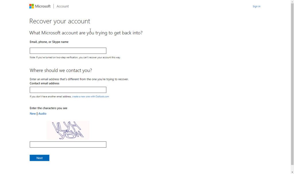The Microsoft account recovery form