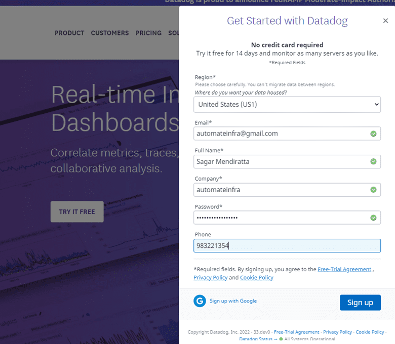sign up for Datadog to access Dashboards