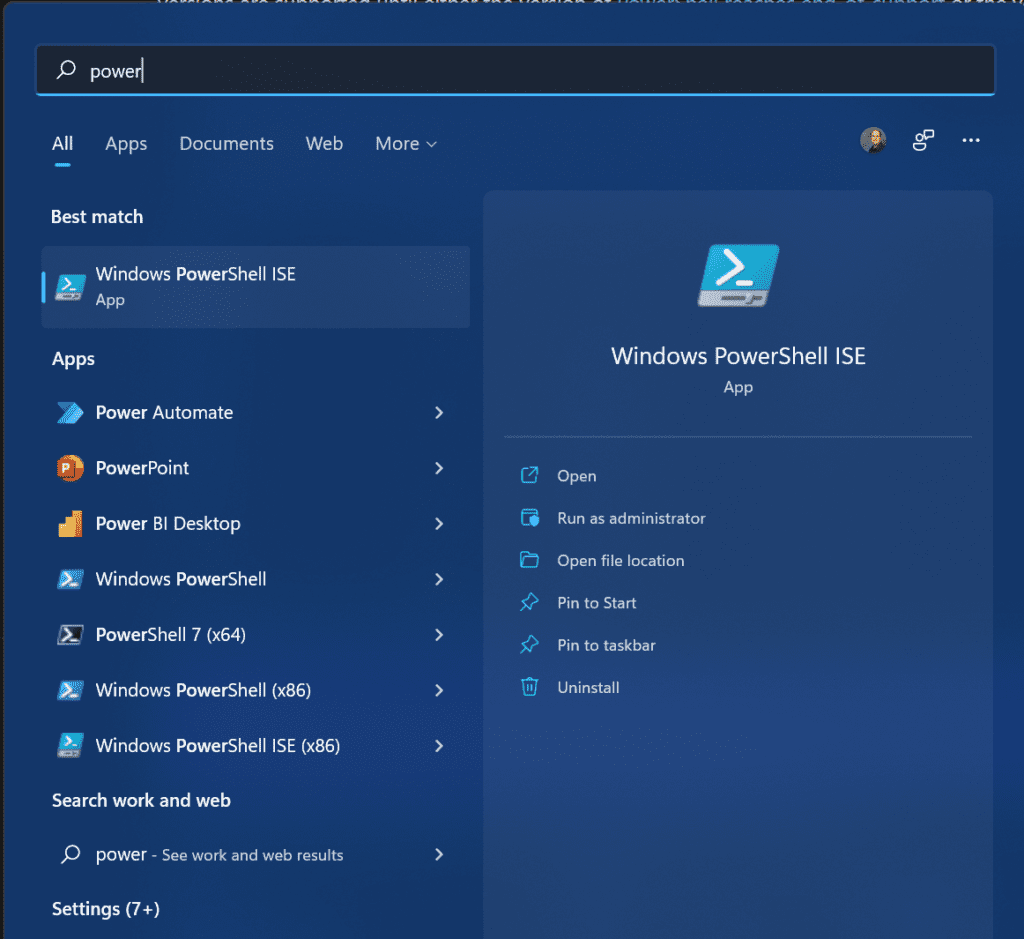 Searching for the PowerShell ISE in the Start Menu