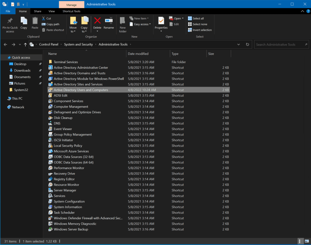 The Active Directory Users and Computers tools in the Administrative Tools folder