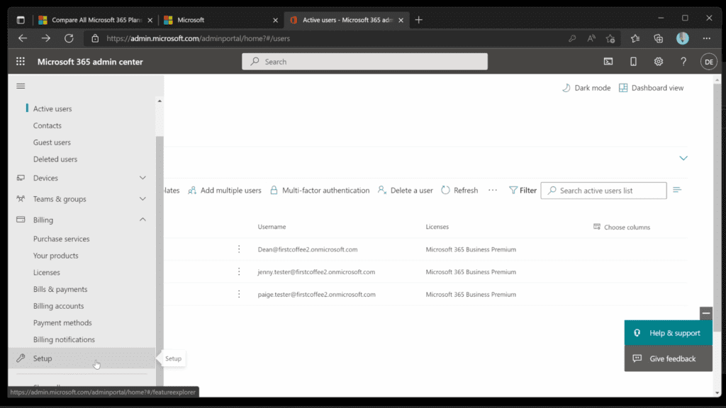 Choose Setup from the navigation pane in the Microsoft 365 Admin Center