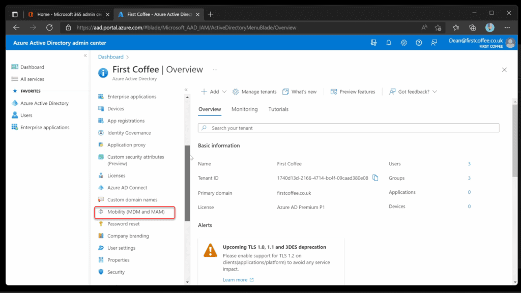 Check the Mobility (MDM and MAM) menu in the Azure Active Directory Admin Center