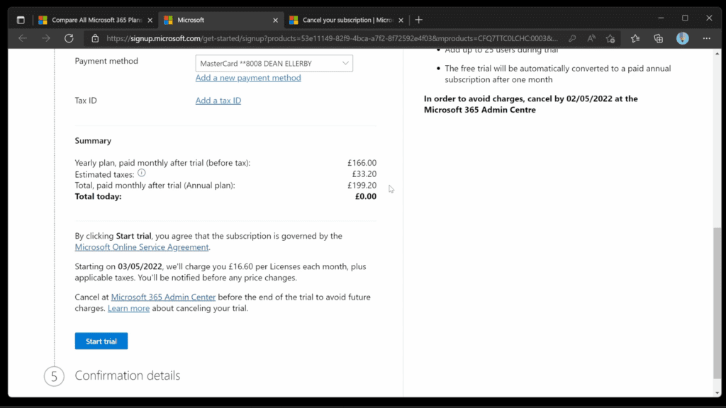 Add a payment method and start the Microsoft 365 Business Premium trial