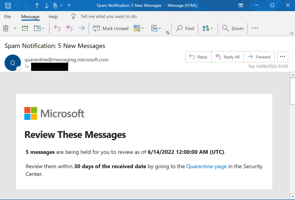 Office 365 Quarantine notification email
