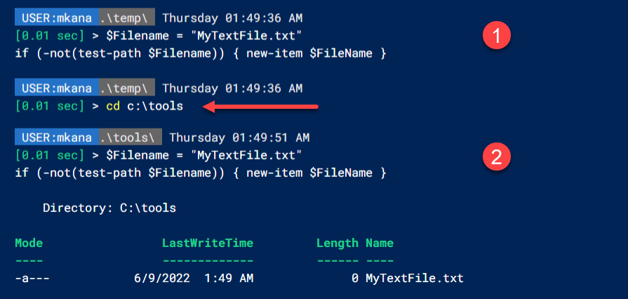 We use the Test-Path command with an If statement to create a file when the commands returns false