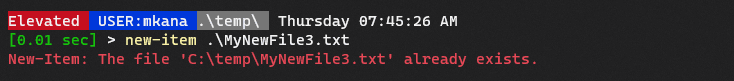 PowerShell warns of an existing file with the same name
