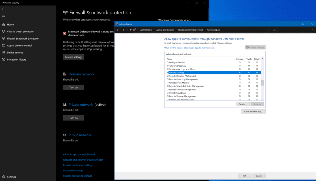 Checking the Windows Defender Firewall to make sure RDP traffic is allowed