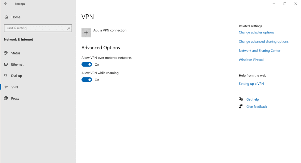 The 'VPN' section of Windows Settings