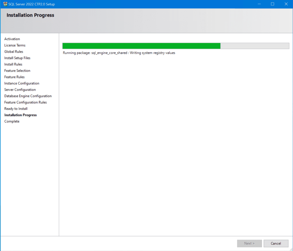 SQL Server 2022 CTP2.0 is being installed.