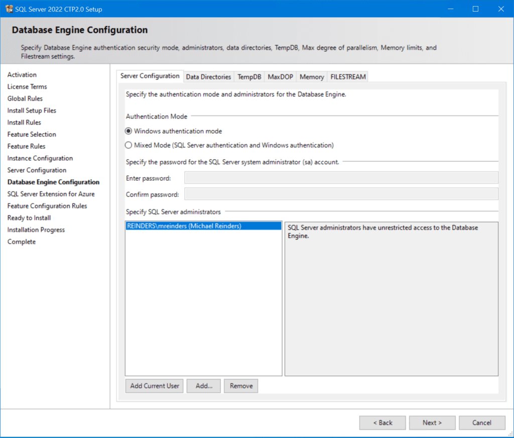 The Database Engine Configuration screen 