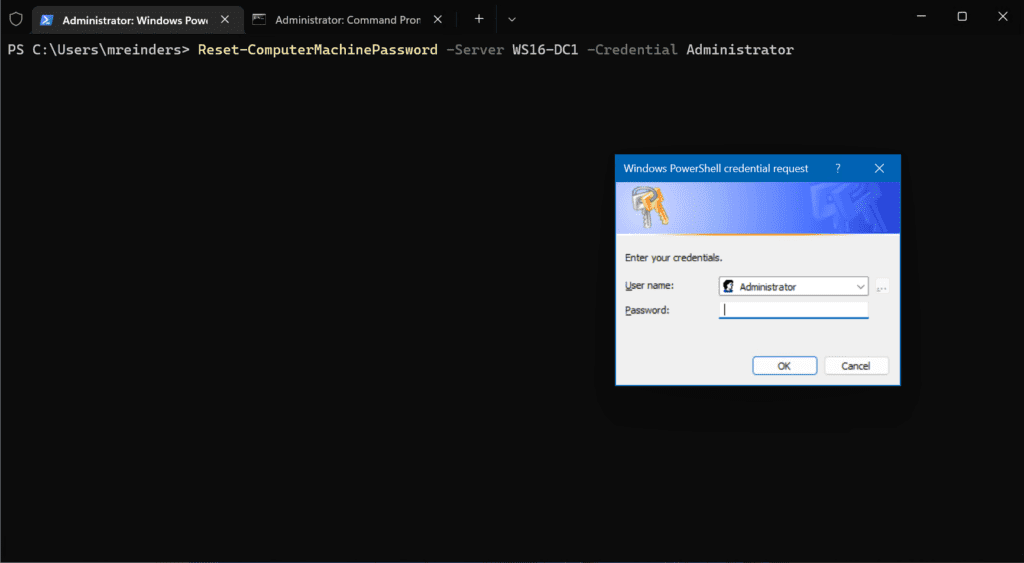we use the Reset-ComputerMachinePassword cmdled to accomplish our goal