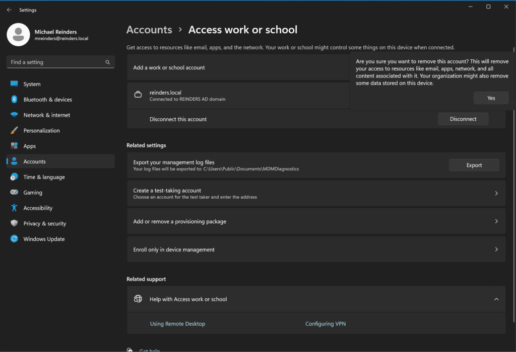 Using Windows Settings in Windows 11 to remove our computer from the domain