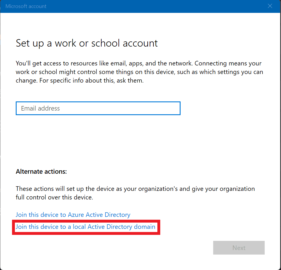 Click Join this device to a local Active Directory domain