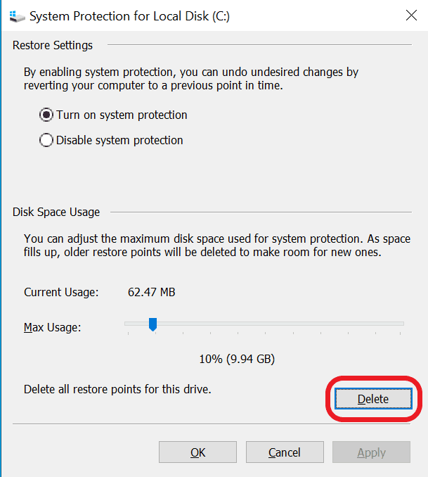 Turning on system protection and assigning how much disk space to reserve