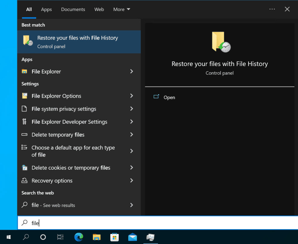 File History selection in the Start Menu