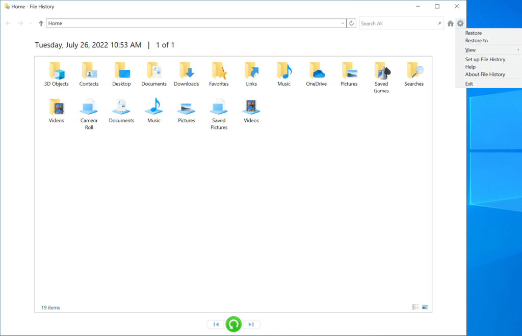 Clicking the gear icon and Set up File History