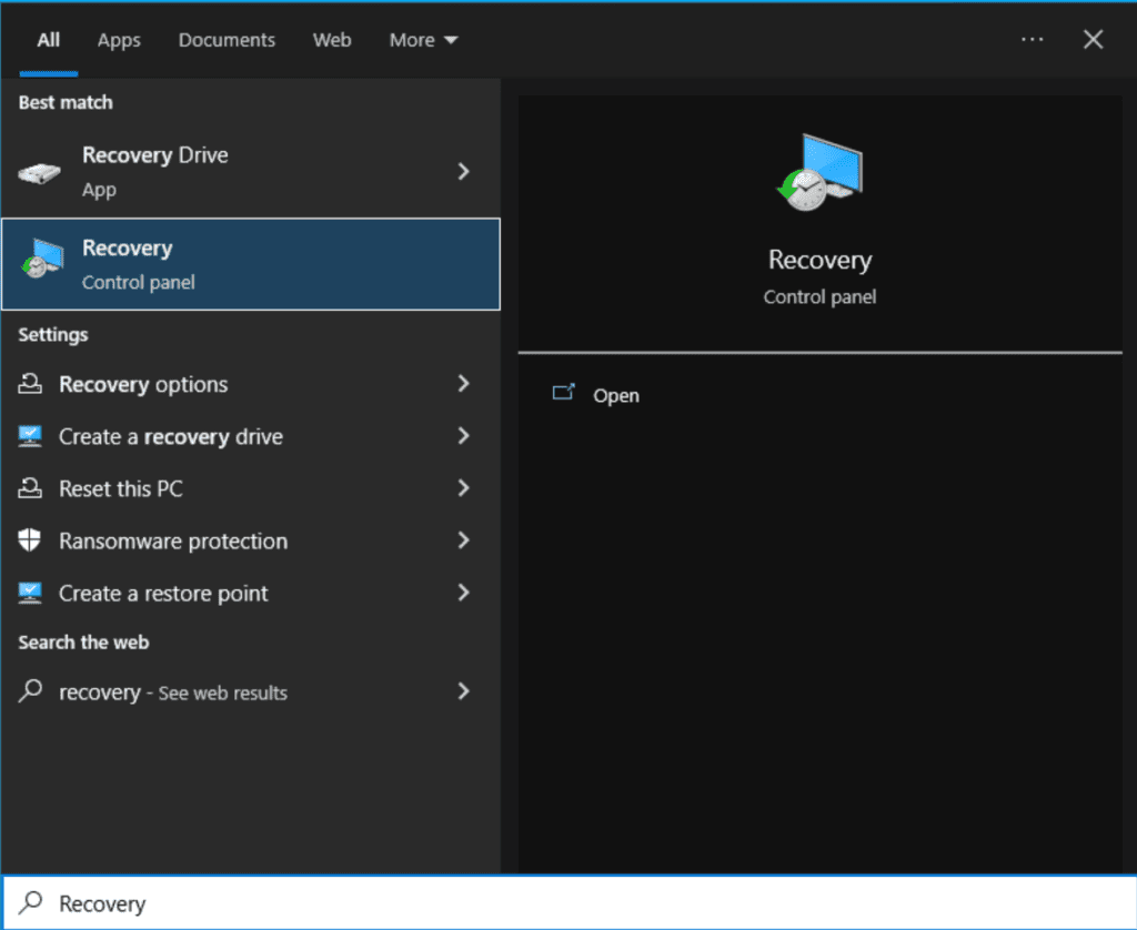 Opening Recovery Control Panel item from the Start Menu