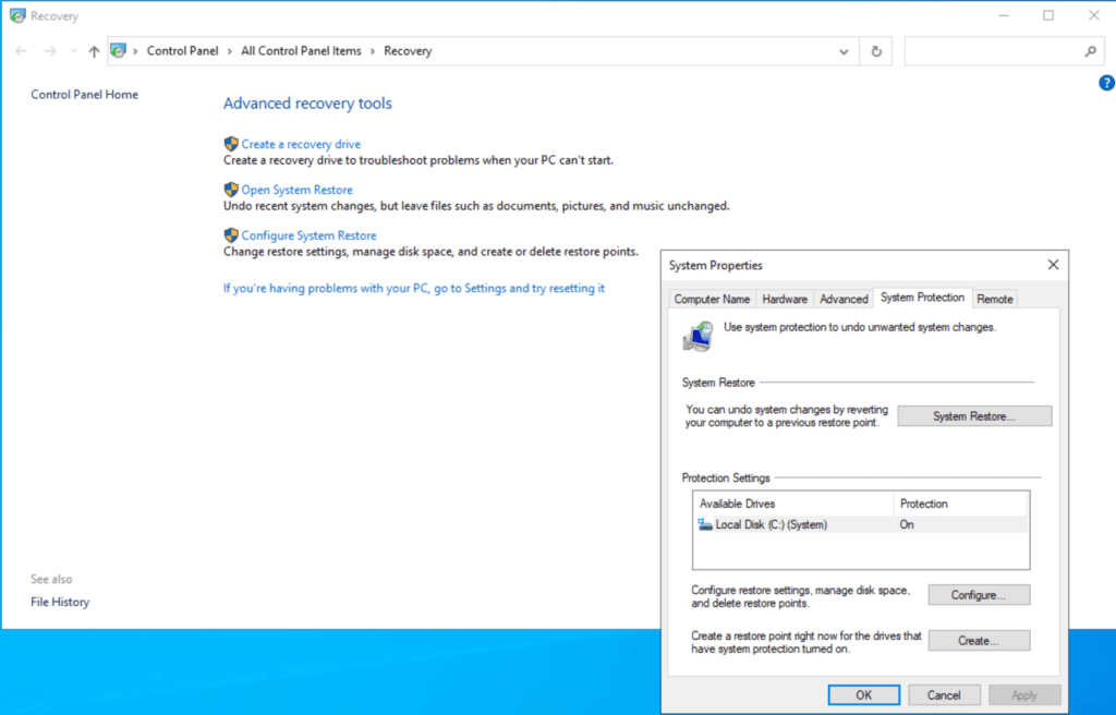 Accessing System Restore on Windows 10 from the Advanced recovery tools Control Panel category