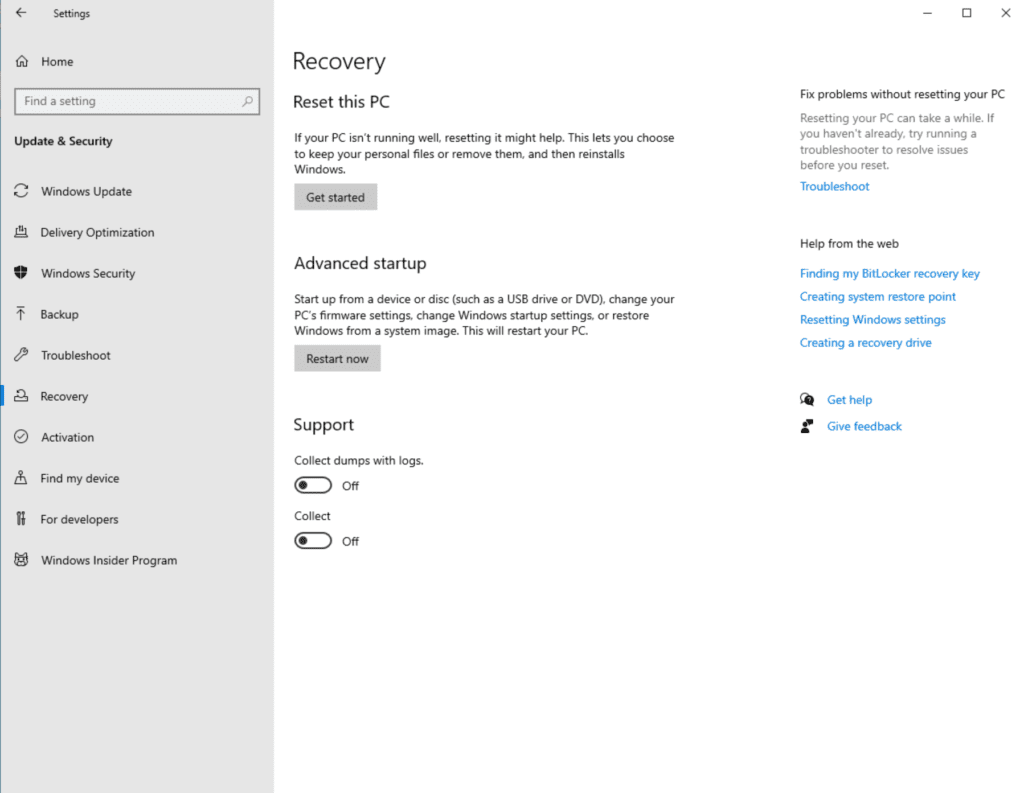 Accessing the Recovery section in Windows Settings