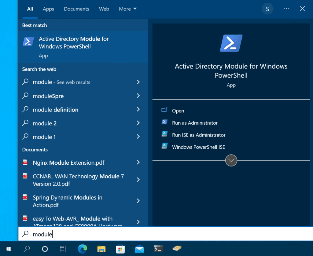 Finding the Active Directory Module for Windows PowerShell in the Windows 10 Start Menu