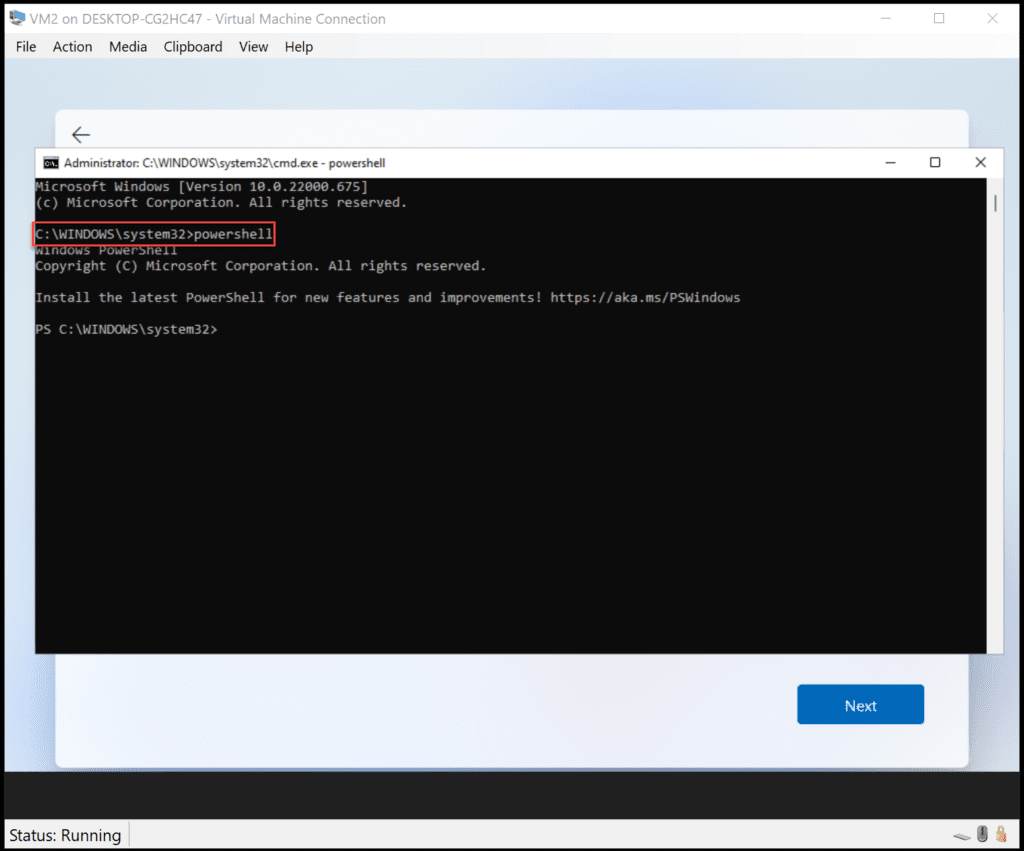 Windows Powershell running in Windows 11 Out of Box Experience