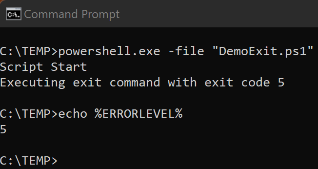 The result of an exit code is stored in the variable %ERRORLEVEL%