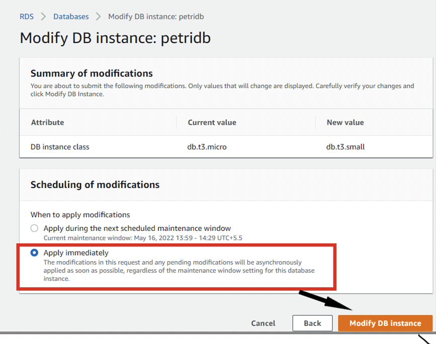 You can either schedule instance type modifications, or apply them immediately