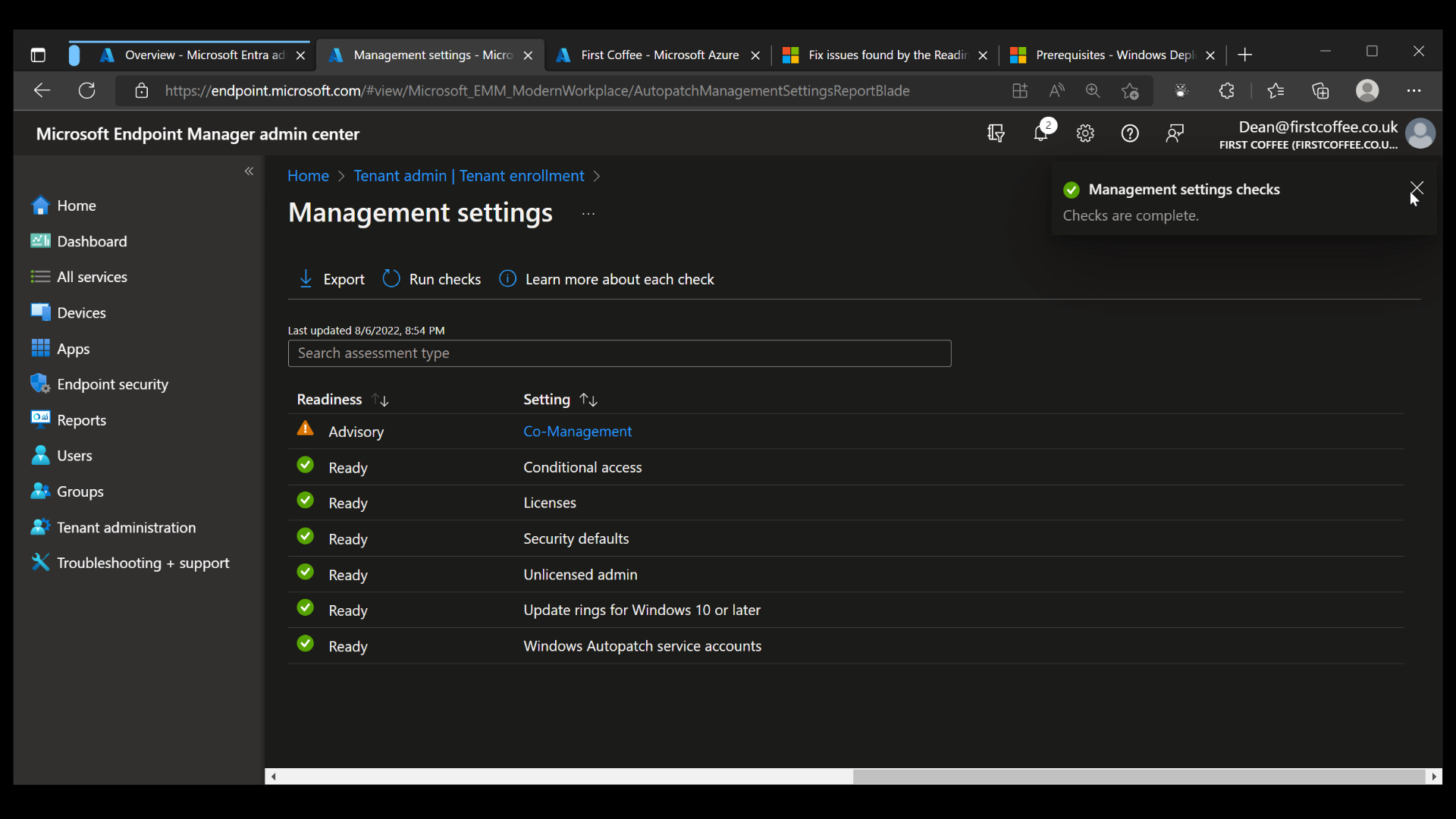 The Management setting checks for Windows Autopatch will complete within a few minutes