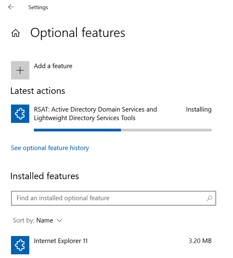 Wait for the installation of the RSAT tools to complete. Install Active Directory Users And Computers using the Settings app