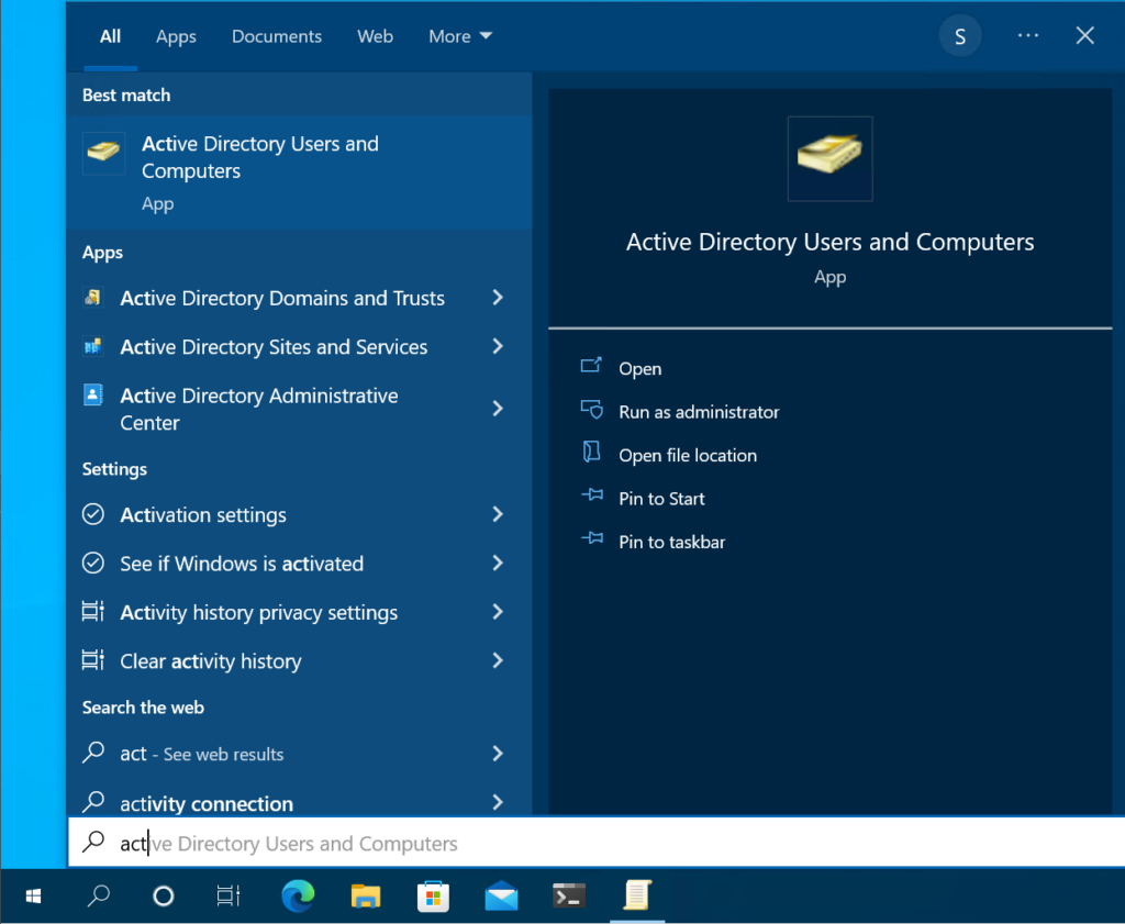 Active Directory Users and Computers should appear in the Start Menu