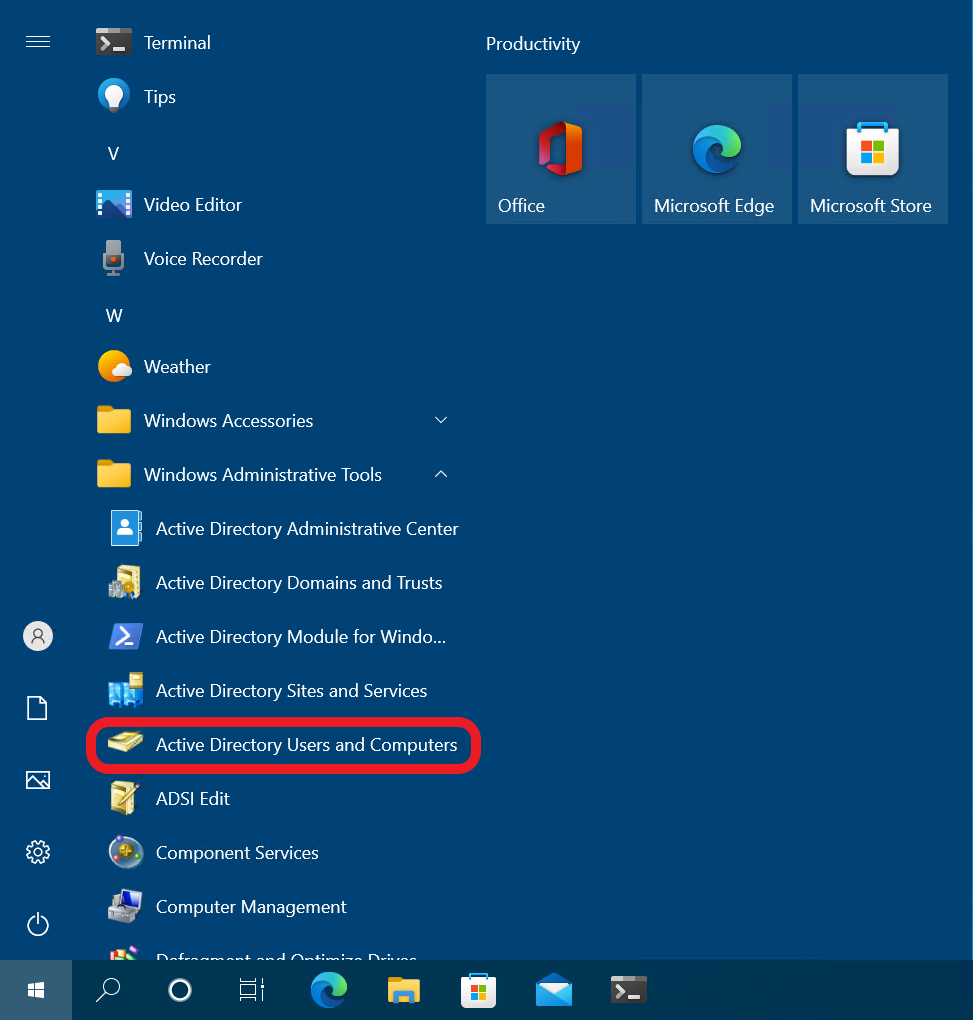 Active Directory Users And Computers is also available in the Windows Administrative Tools folder in the Start Menu