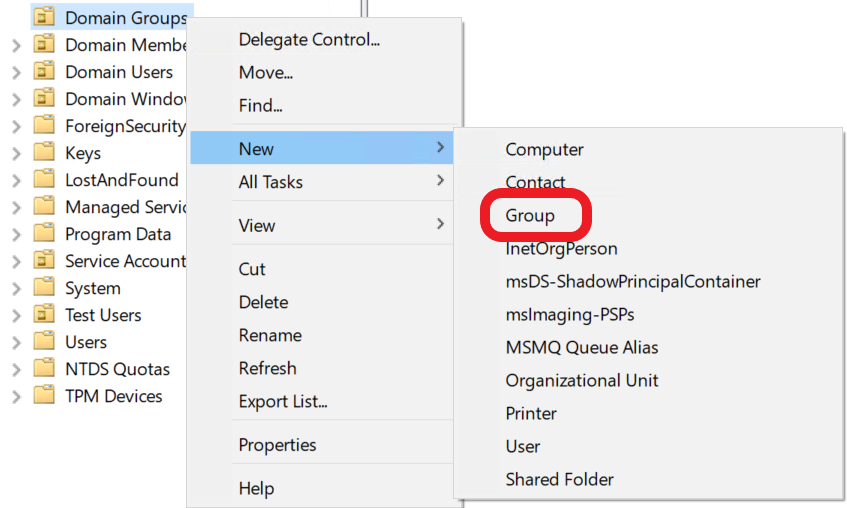 Adding a group in Active Directory Users And Computers
