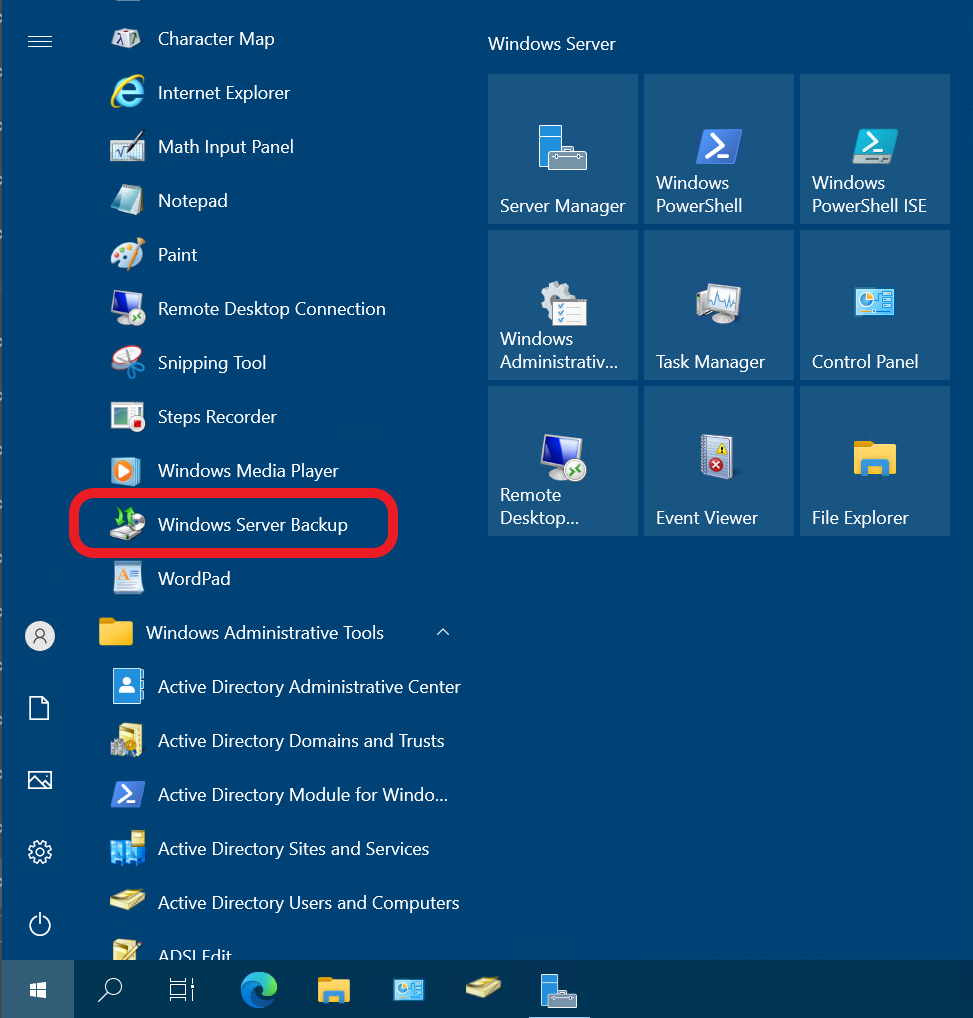 We can now access Windows Server Backup from the Windows 10 Start Menu