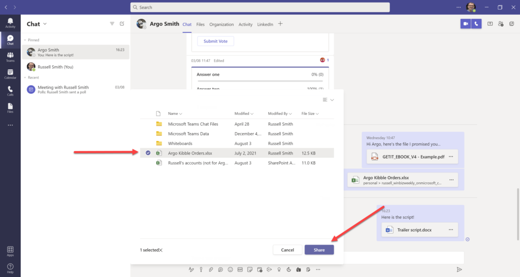 Select a file from your OneDrive for Business in Microsoft Teams