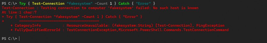 Test-Connection with PowerShell Try Catch