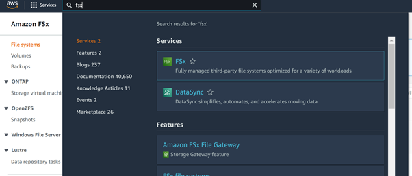 Log into the AWS portal and search for FSx