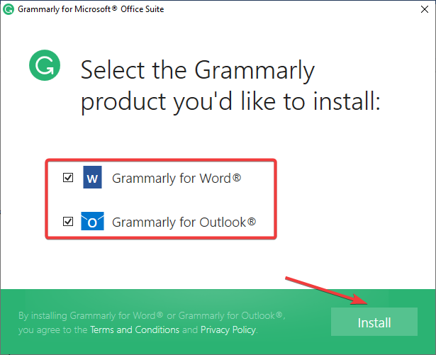 Select the check box next to Grammarly for Word and Grammarly for Outlook and click Install 