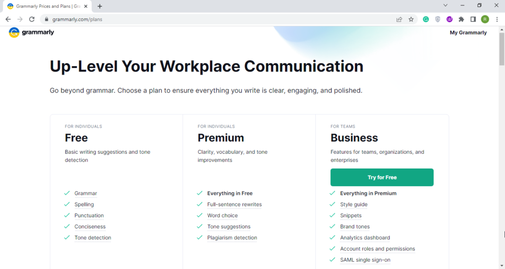 Grammarly offers three plans: Free, Premium, and Business. 
