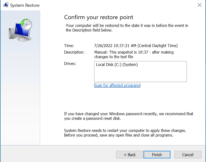 Choosing a restore point to revert to...