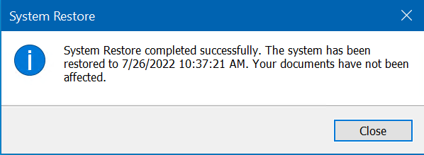 System Restore completed successfully