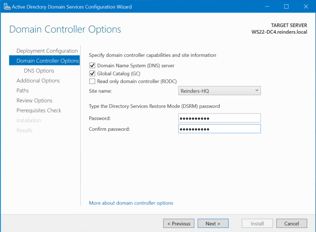 Domain Controller Options screen - Choosing a Site and entering our DSRM password