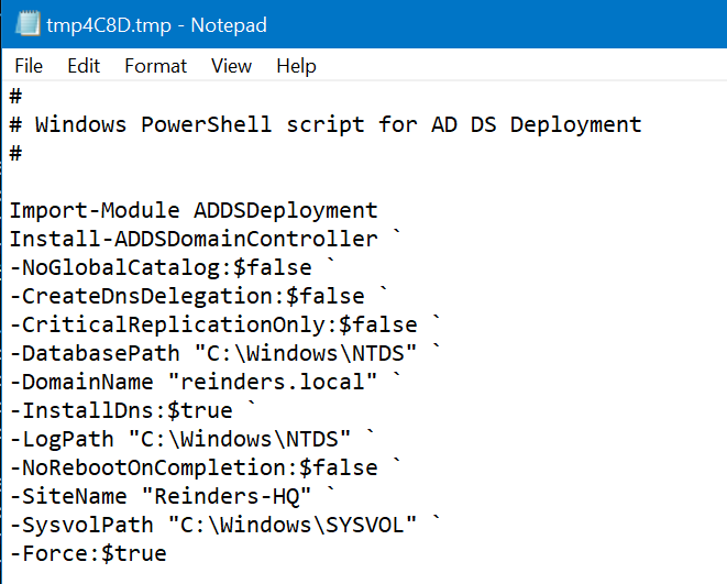 The PowerShell script to add our new domain controller to our domain