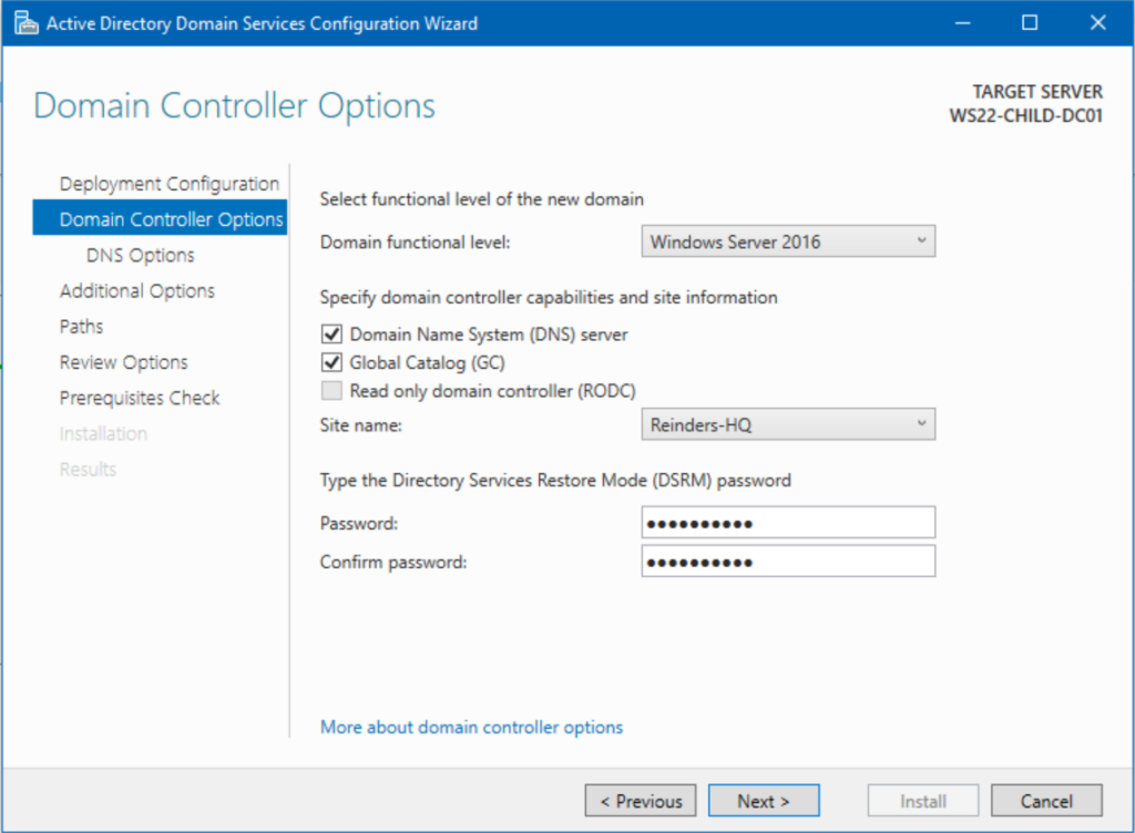 Choosing our Domain Controller Options