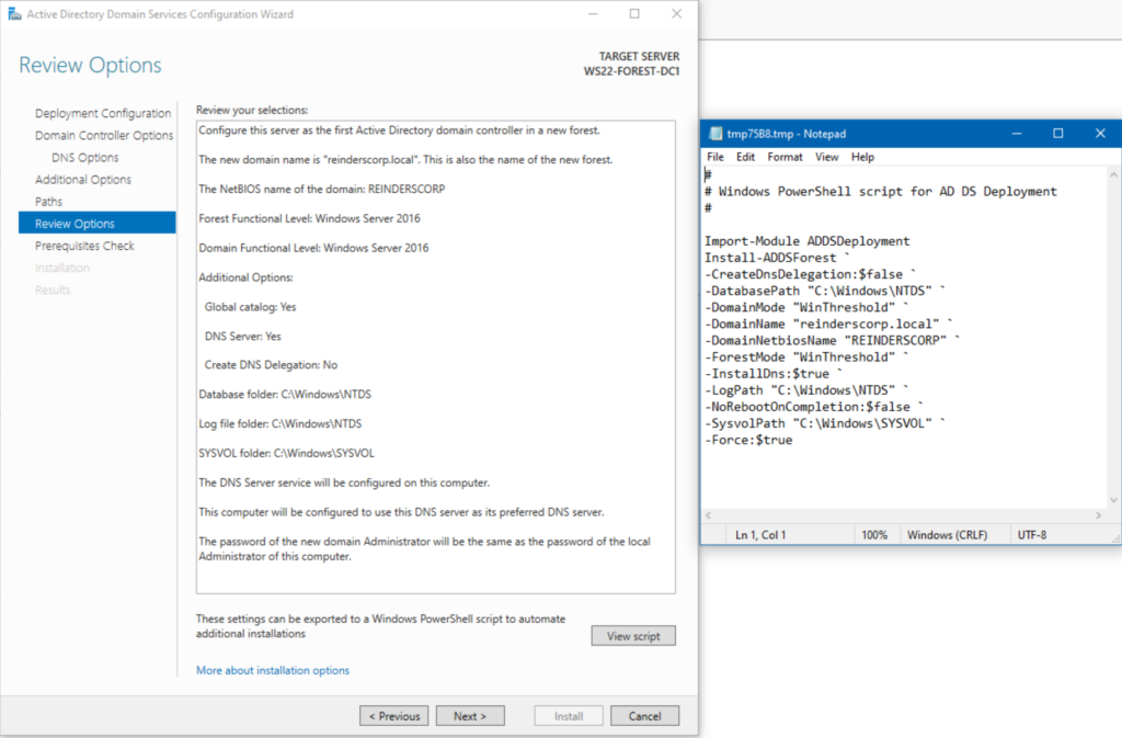 The Review Options screen shows our new forest in all its glory - including the PowerShell script!