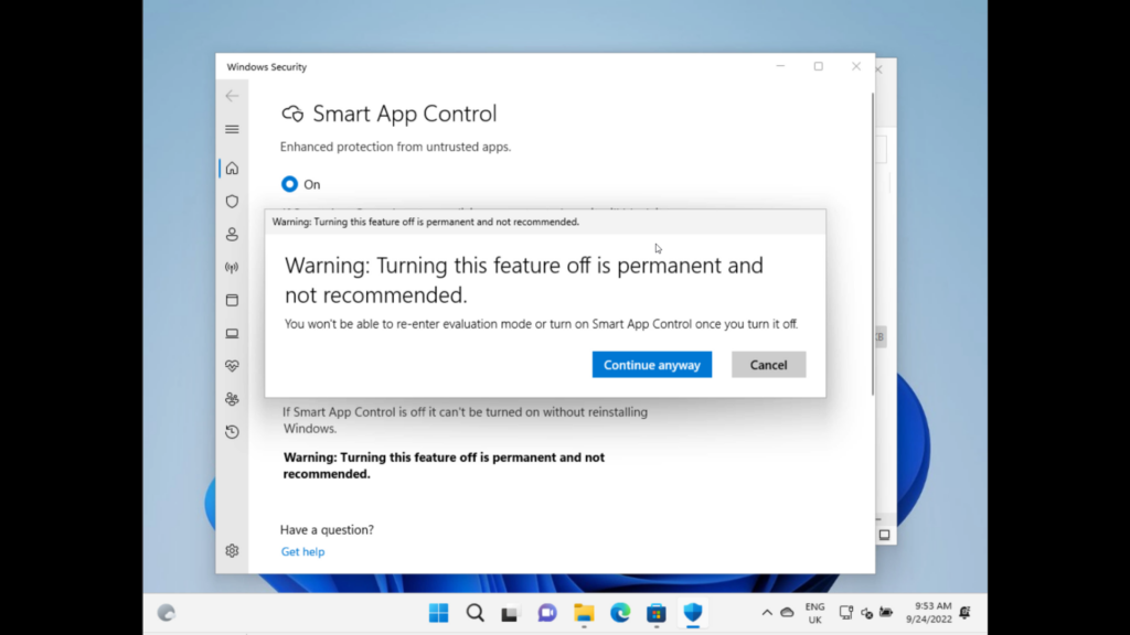 The Turn off Smart App Control warning pop up