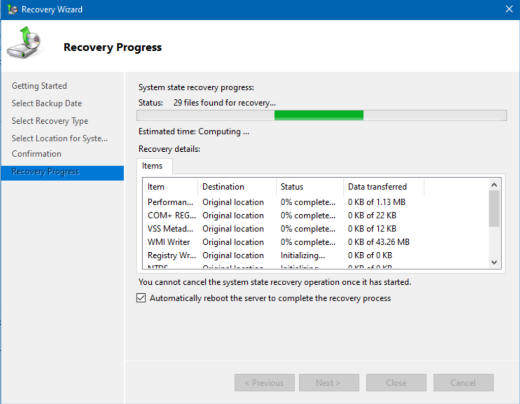The Restore of Active Directory has begun...