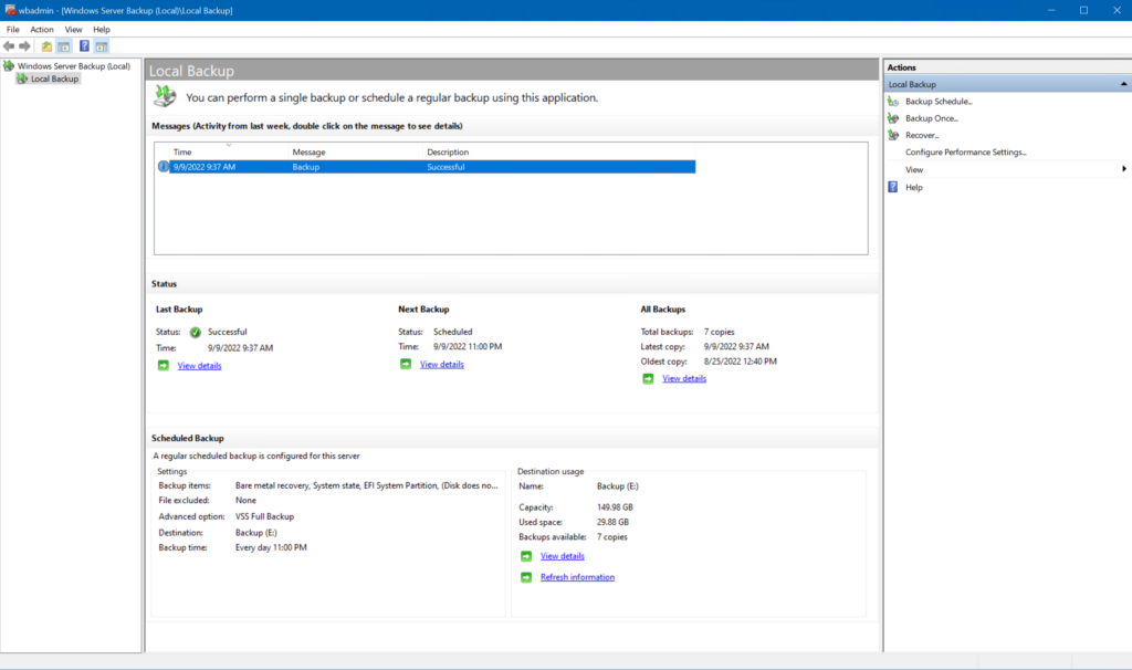 Windows Server Backup - showing recent backup activity