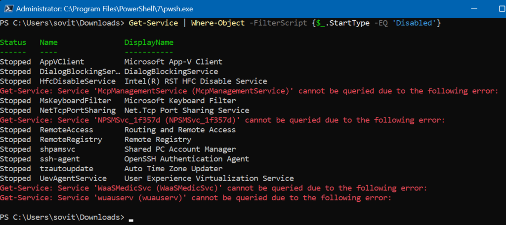 We used the Get-Service cmdlet to gather all the disabled services on our computer.