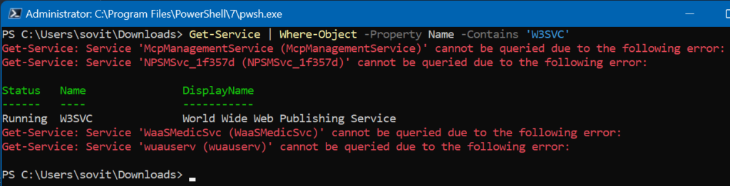 Using the PowerShell Where-Object cmdlet to locate the www publishing service