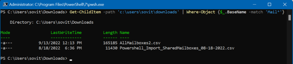 Using the PowerShell Where-Object cmdlet to filter files in a folder matching a specific filename wildcard.